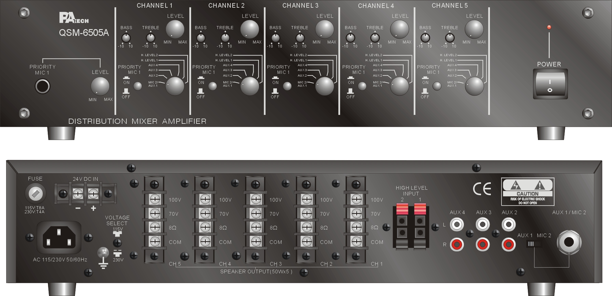 QSM-6505專業廣播獨立5分區混音擴大機100Vrms50W