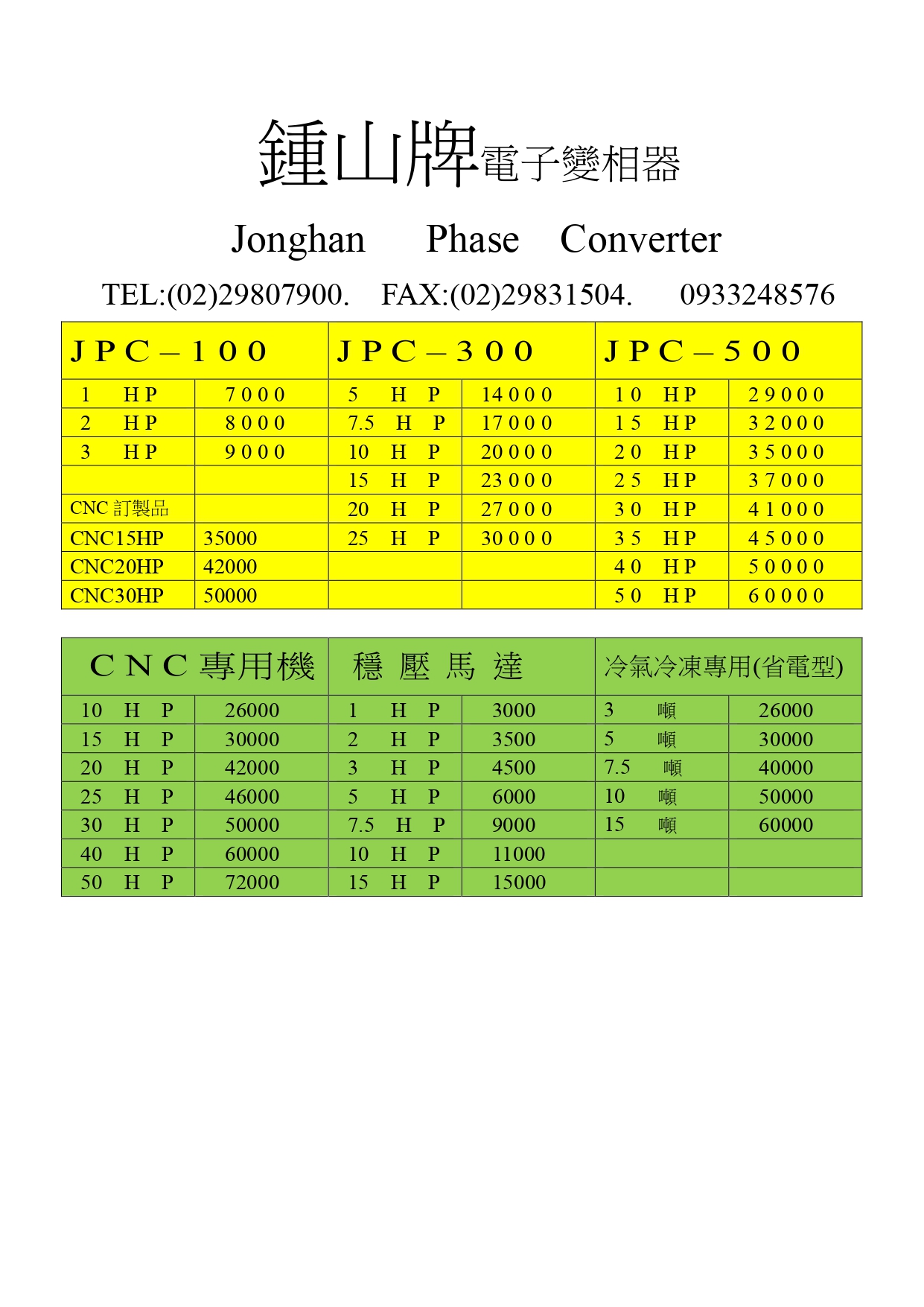 鍾山牌電子變相器最新價目表