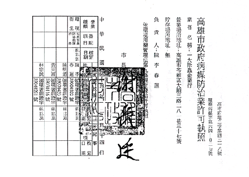高雄市政府病媒防治業許可執照　環藥病媒字第