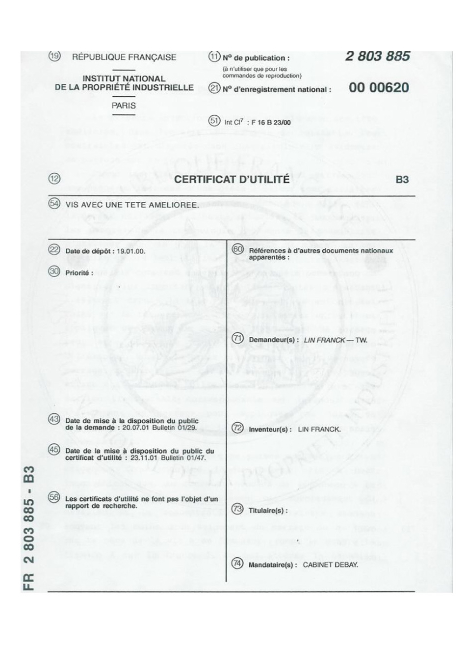 十字螺絲之改良-國內外專利證書-3