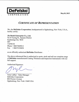 Defelsko台灣獨家代理證書