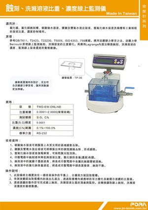 蝕刻、洗滌溶液比重、濃度線上監測儀