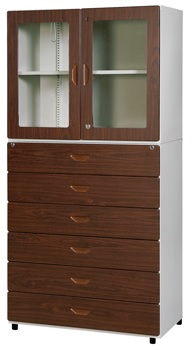 六小抽屜+74高玻開胡桃鋼木櫃TC-a1608