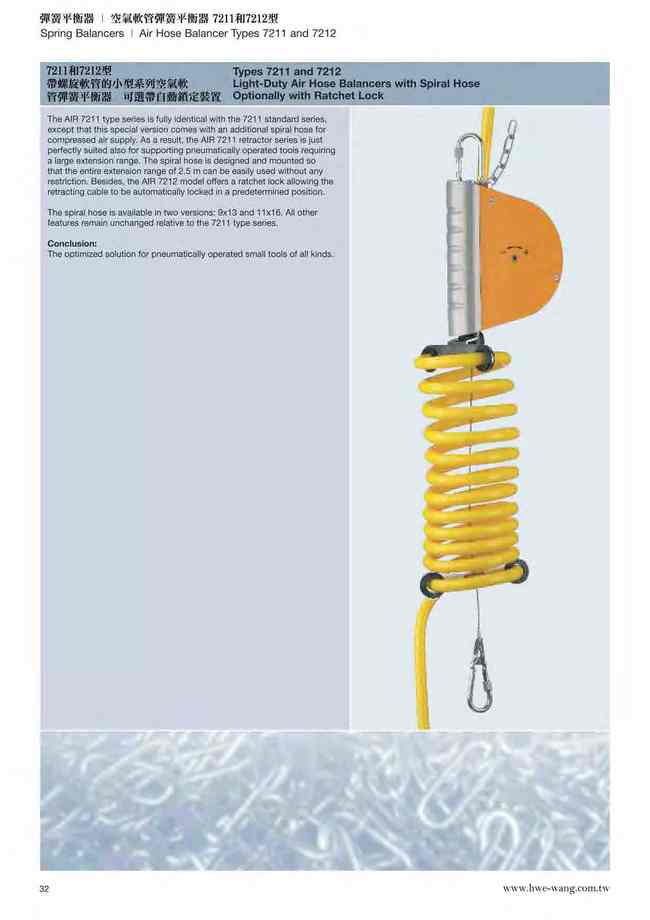 32.帶螺旋軟管的小型系列空氣軟管彈簧平衡器7211和7212型-可選帶自動鎖定裝置