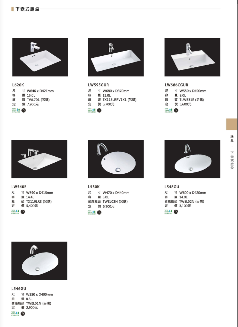 TOTO下崁式臉盆