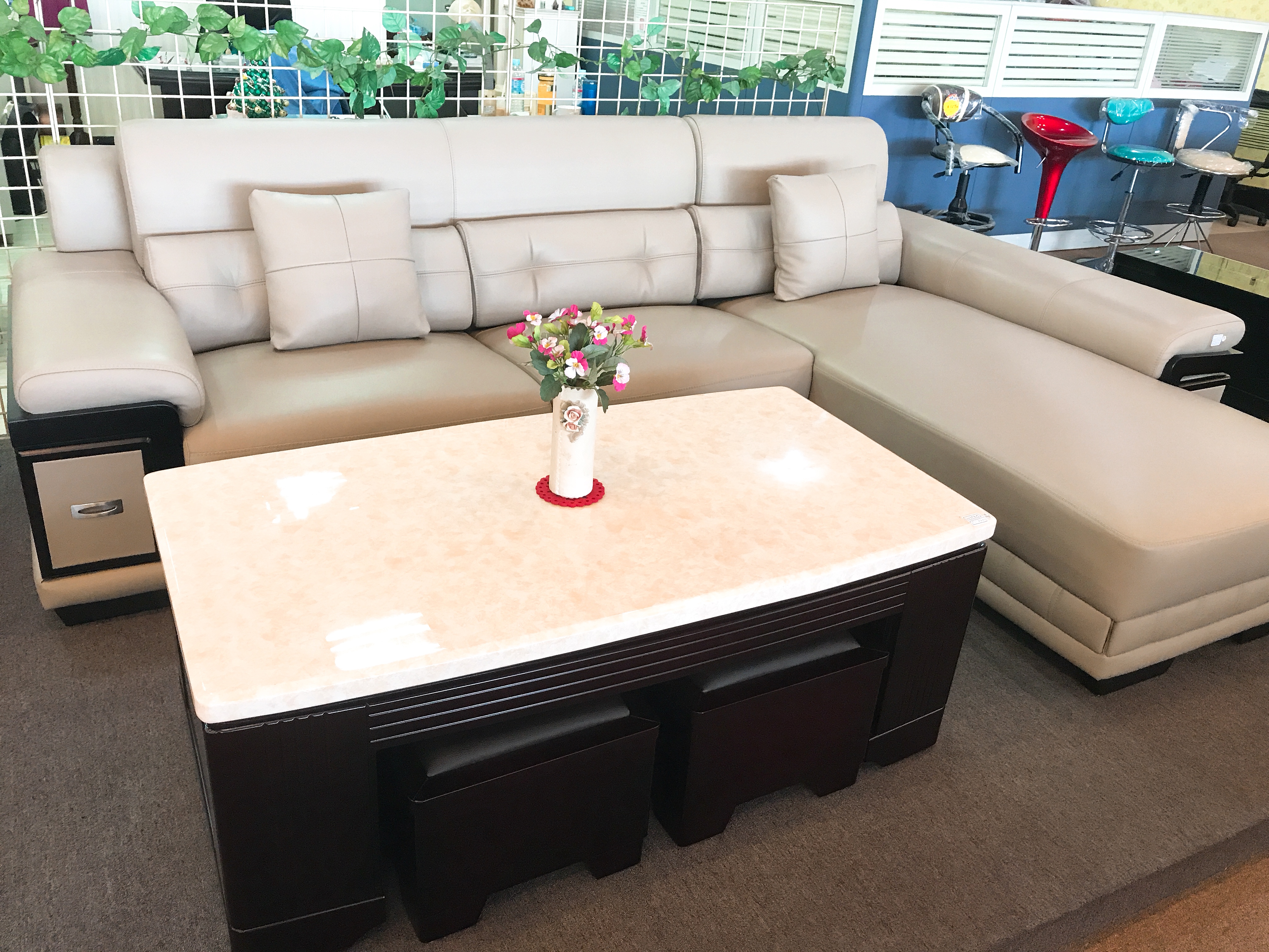 多功能L型牛皮沙發(不含茶几)