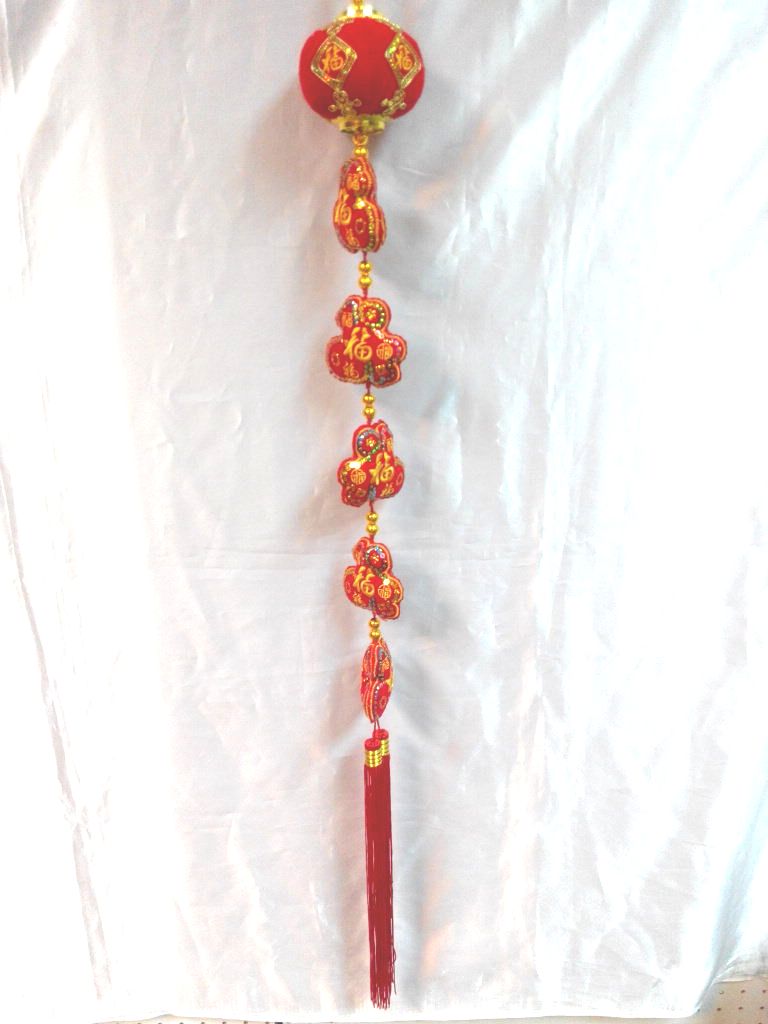 紅絨燈籠五福亮片繡吊飾