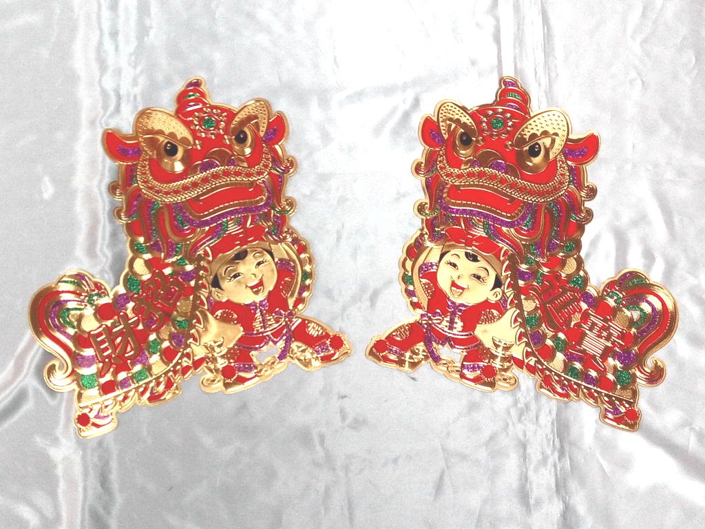 2入金箔植絨醒獅門貼-大