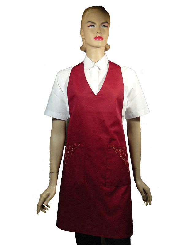 A624-4暗紅V領配小櫻花雙袋圍裙