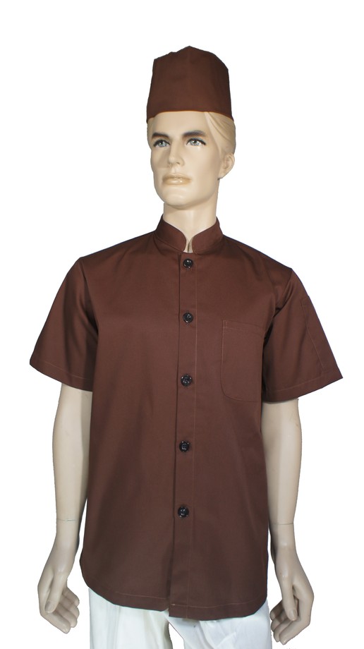 A163咖啡色中山領單排扣短袖廚師服