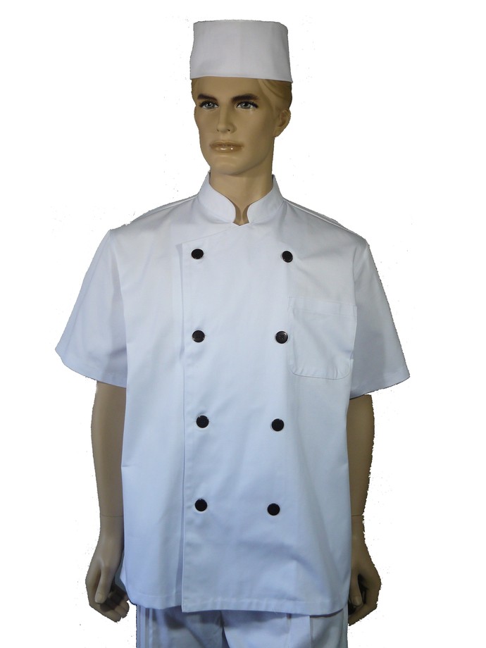 A107中山雙排黑扣短袖廚師服