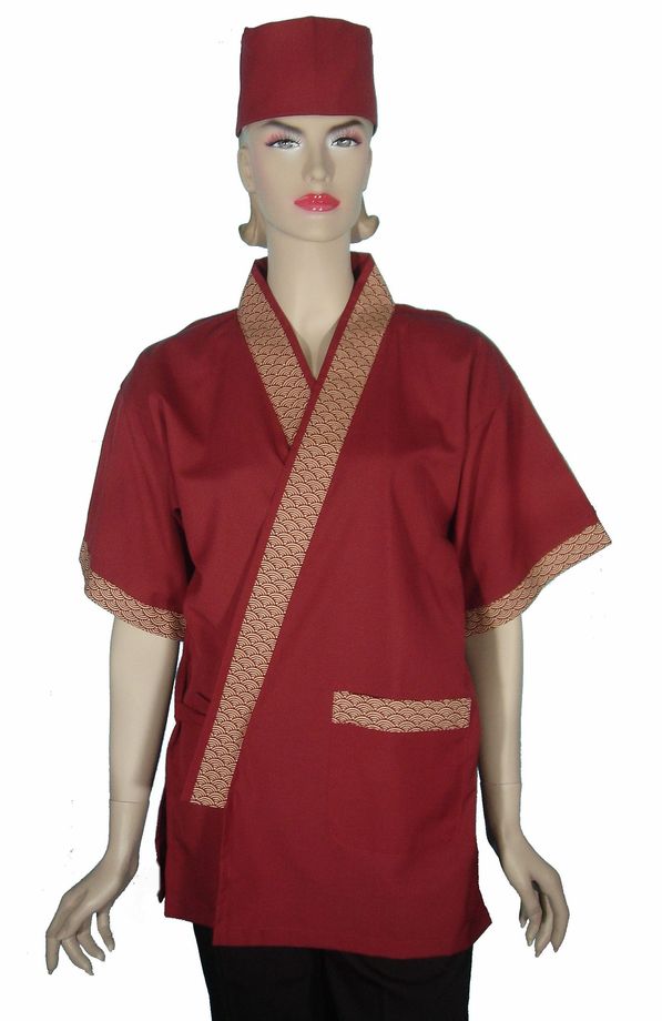 A257暗紅配扇形門襟日式和服