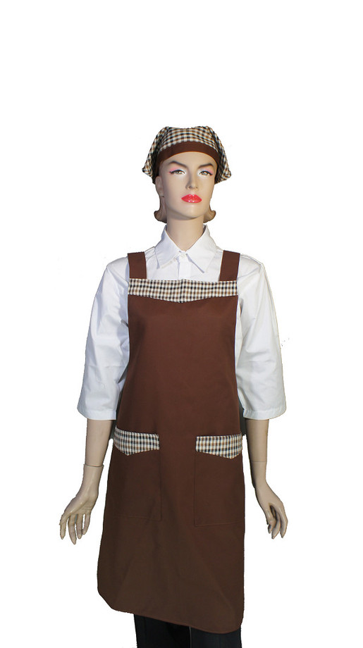 A612-3咖啡配格子花日式全身圍裙(H帶)