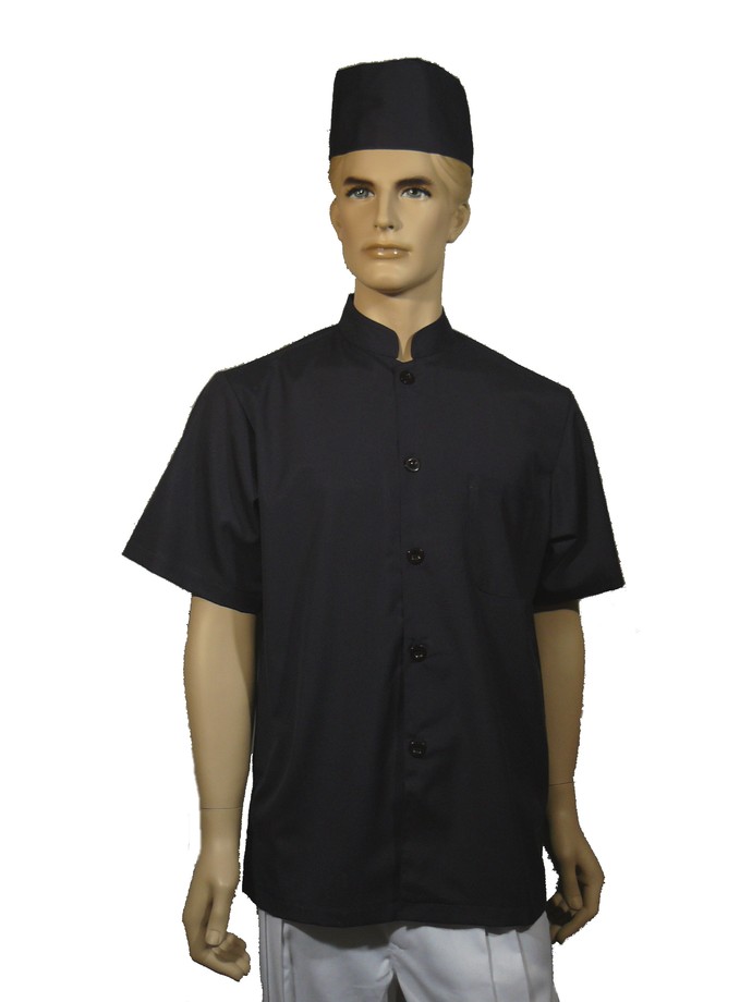 A154黑色中山領單排扣短袖廚師服