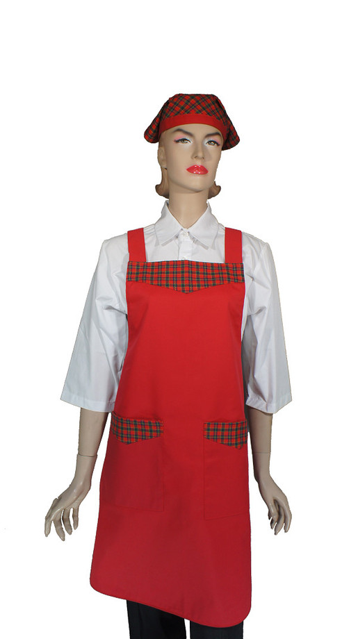 A612-1紅色配格子花日式全身圍裙(H帶)