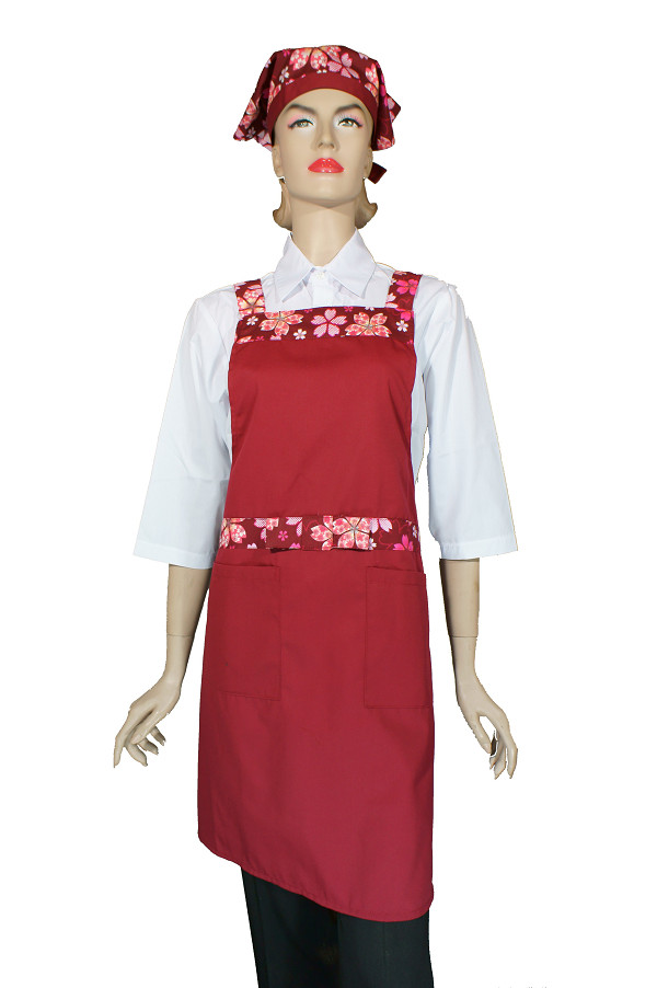 A620-4暗紅櫻花腰帶蝴蝶結日式全身圍裙(H帶)