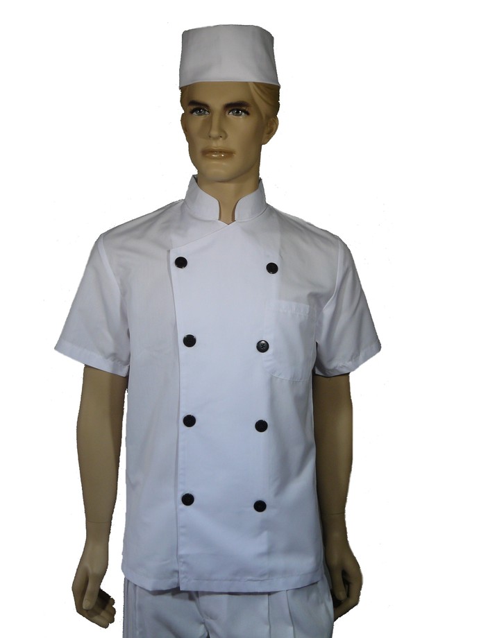 A003薄料中山領雙排扣短袖黑扣廚師服