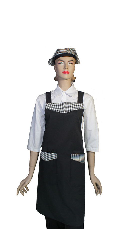 A612黑色配格子花日式全身圍裙(H帶)