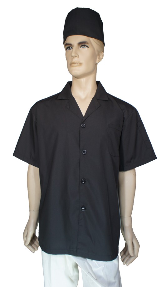 A013薄料黑色國民領短袖廚師服