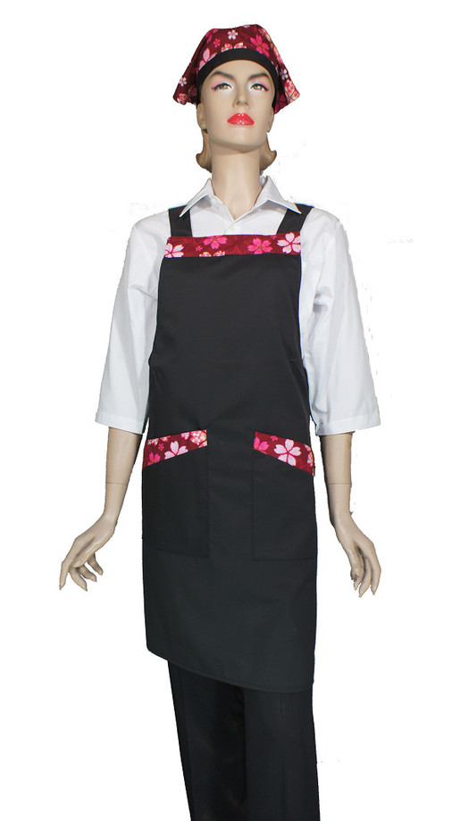 A621-2黑配紅櫻花日式全身圍裙(H帶)
