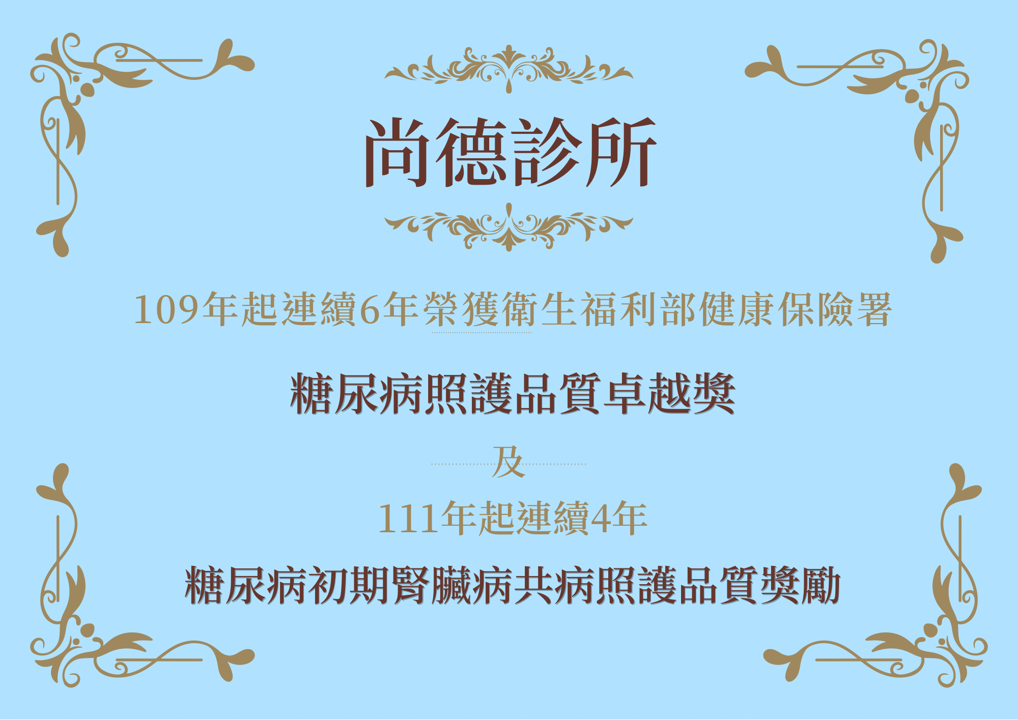 尚德診所榮獲【糖尿病照護品質卓越獎】［糖尿病初期腎臟病共病照護品質獎勵]