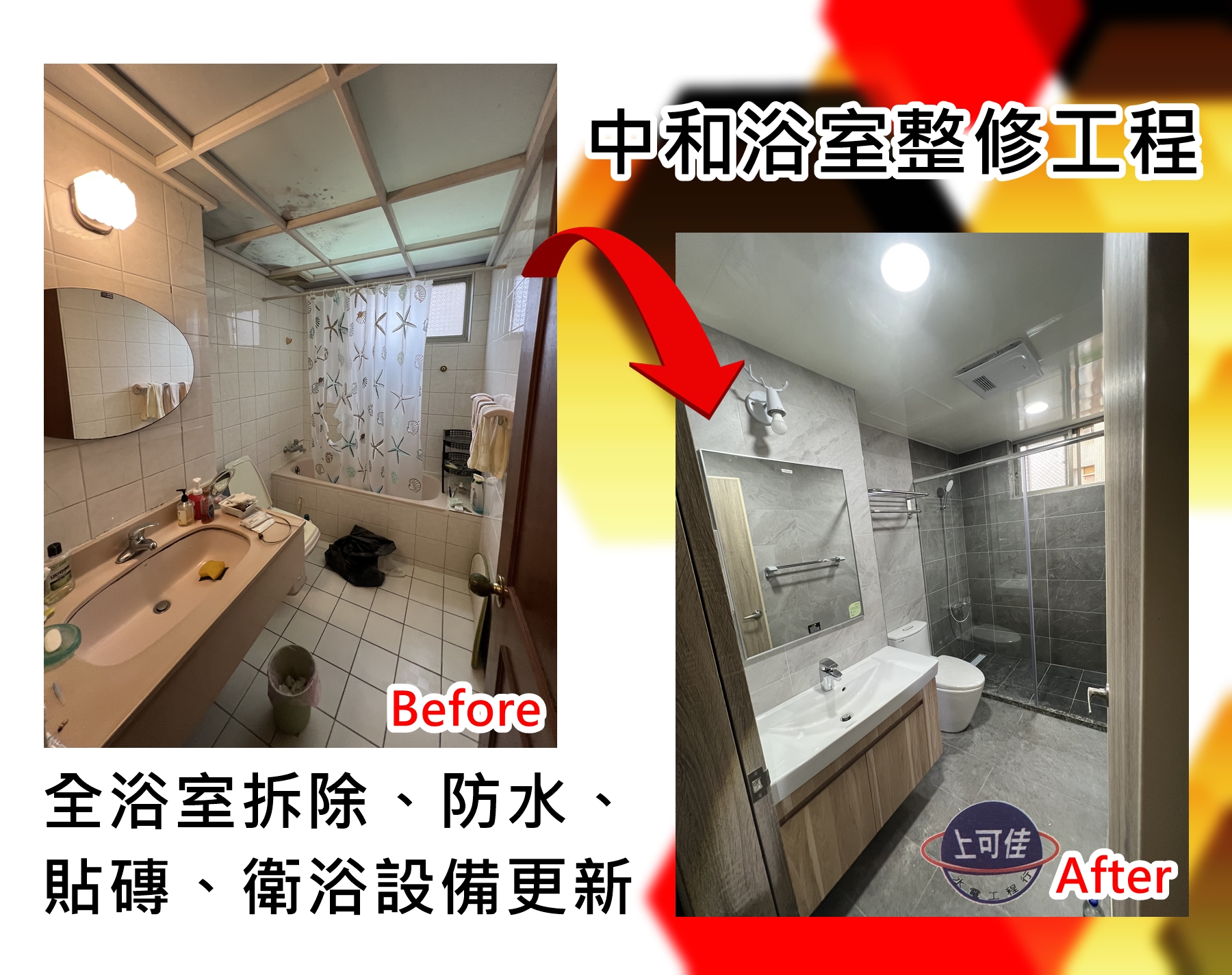 中和浴室整修工程-全浴室拆除、防水、貼磚、衛浴設備更新-上可佳水電工程有限公司