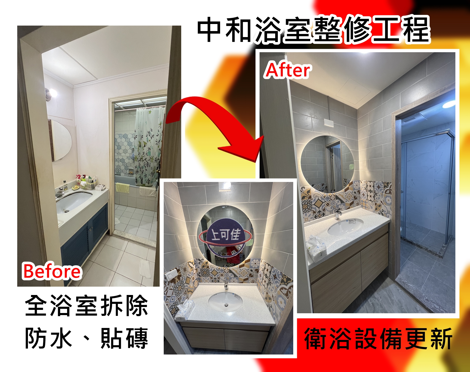 中和浴室整修工程-全浴室拆除、防水、貼磚、衛浴設備更新-上可佳水電工程有限公司