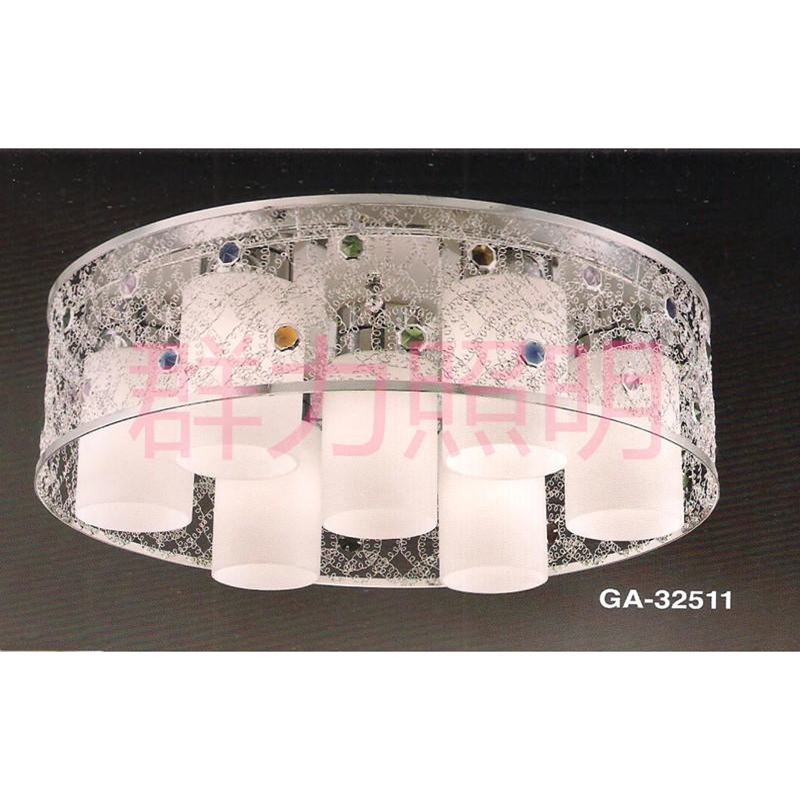 鐵質手工燒線鍍鉻燈體彩色珠白玉玻璃半吸頂燈