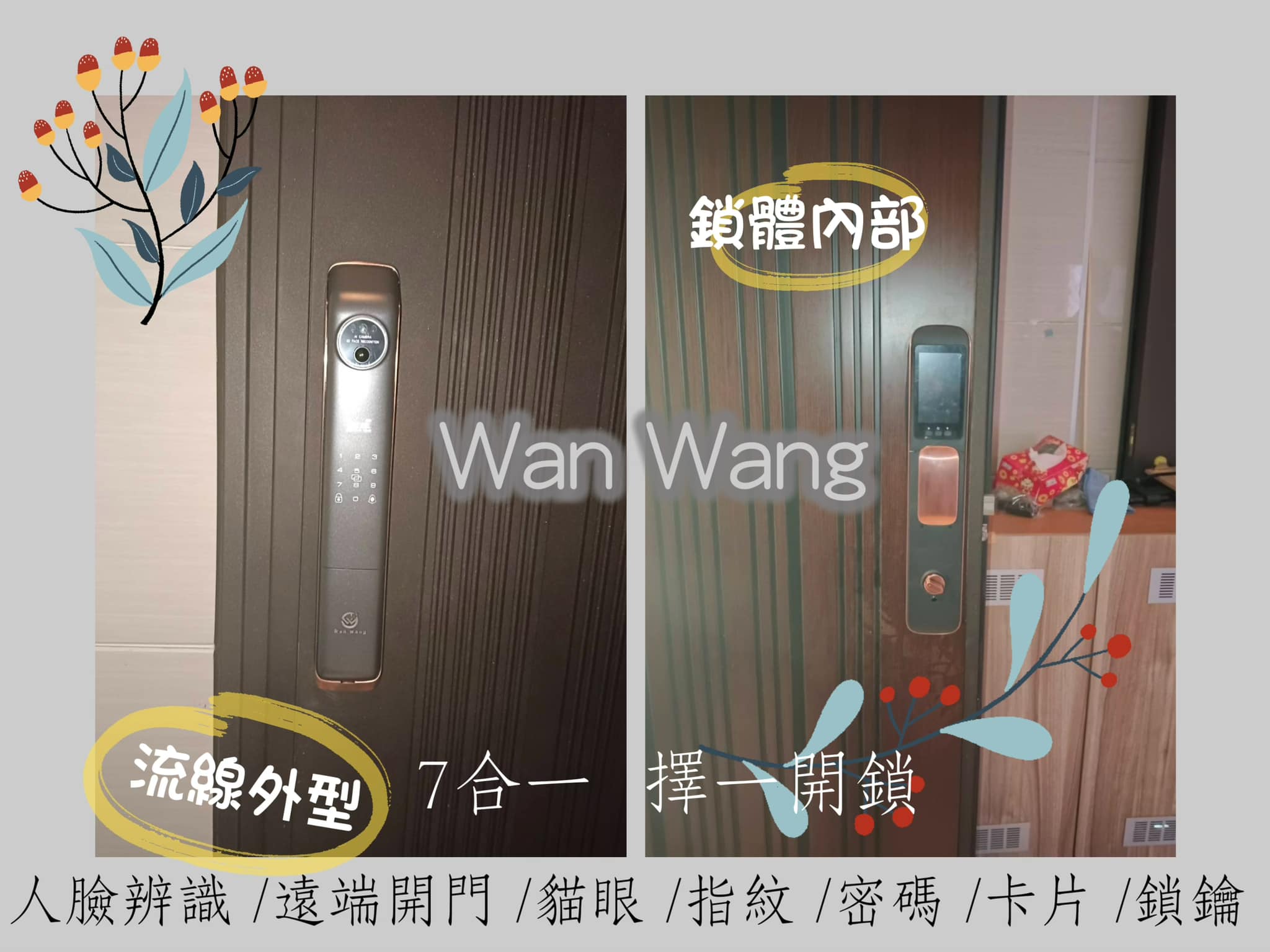 七合一智能電子鎖-人臉辨識/遠端開門/貓眼/指紋/密碼/卡片/鎖鑰➽萬王鎖印行