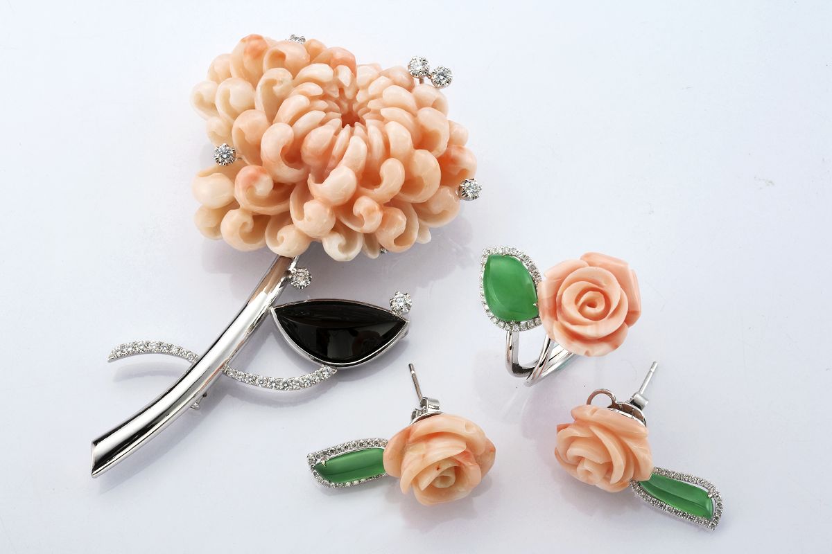 珊瑚胸針耳環套組