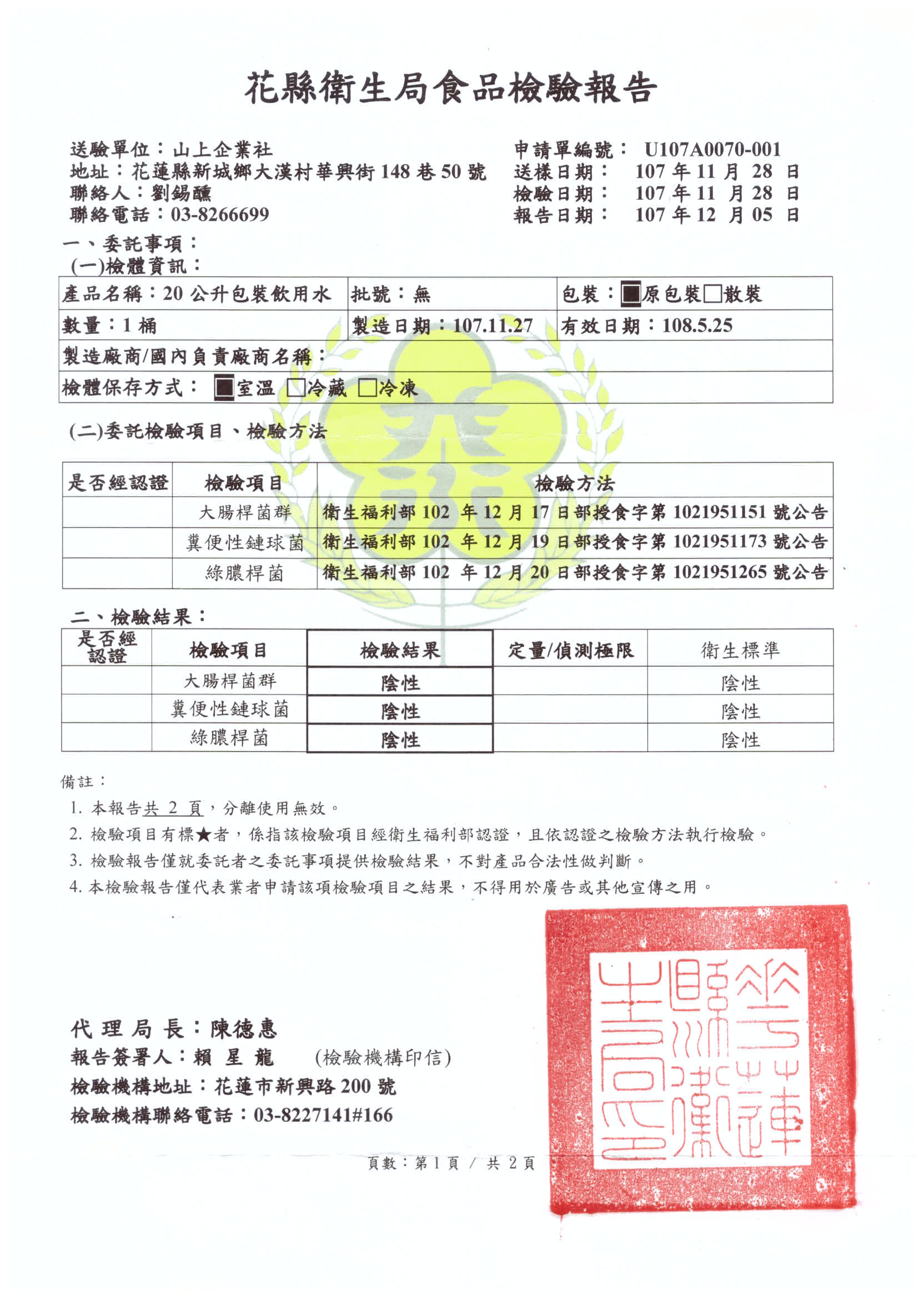 衛生局食品檢驗107年12月