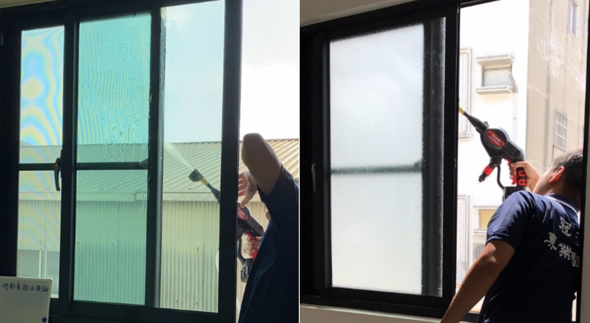 使用噴水槍噴灑窗戶檢測是否有裂縫、滲漏水。
