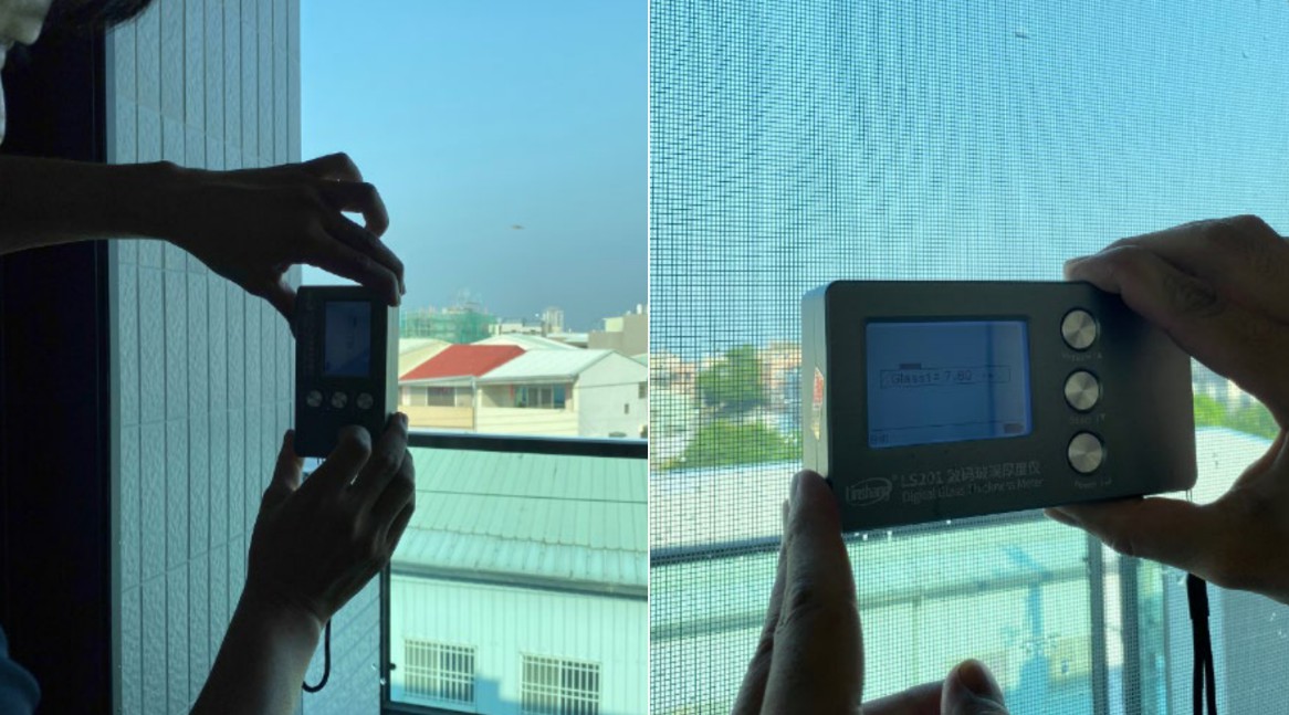 使用玻璃測厚儀檢查窗戶玻璃厚度。