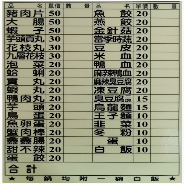 110年10月最新菜單-火鍋料-三媽臭臭鍋-壯圍同安店