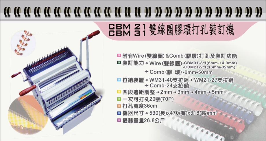 CBM21、31雙線圈膠環打孔裝訂機