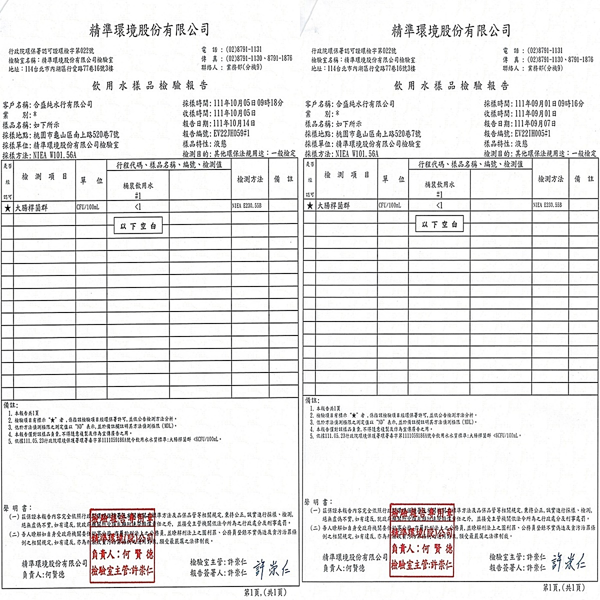 111年9.10月飲用水樣品檢驗報告