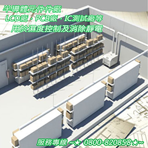 半導體元件件廠，LCD廠，PCB廠，IC測試廠等