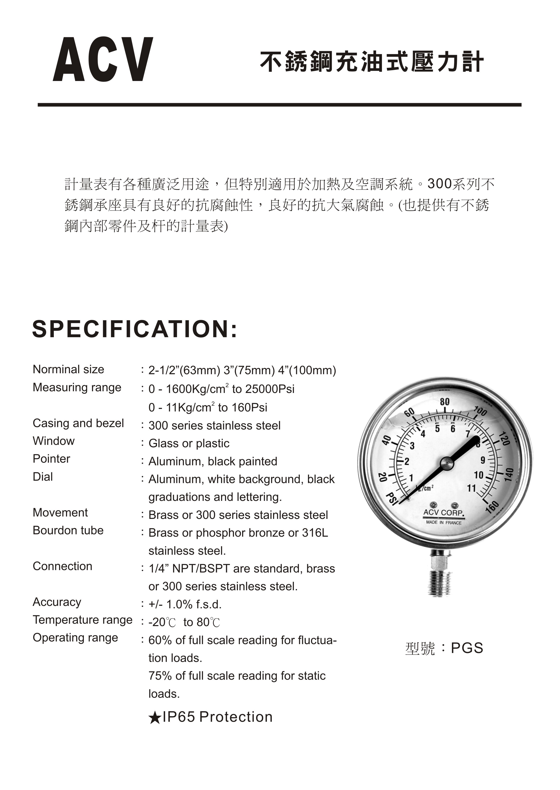 ACV充油式壓力計PGS-1