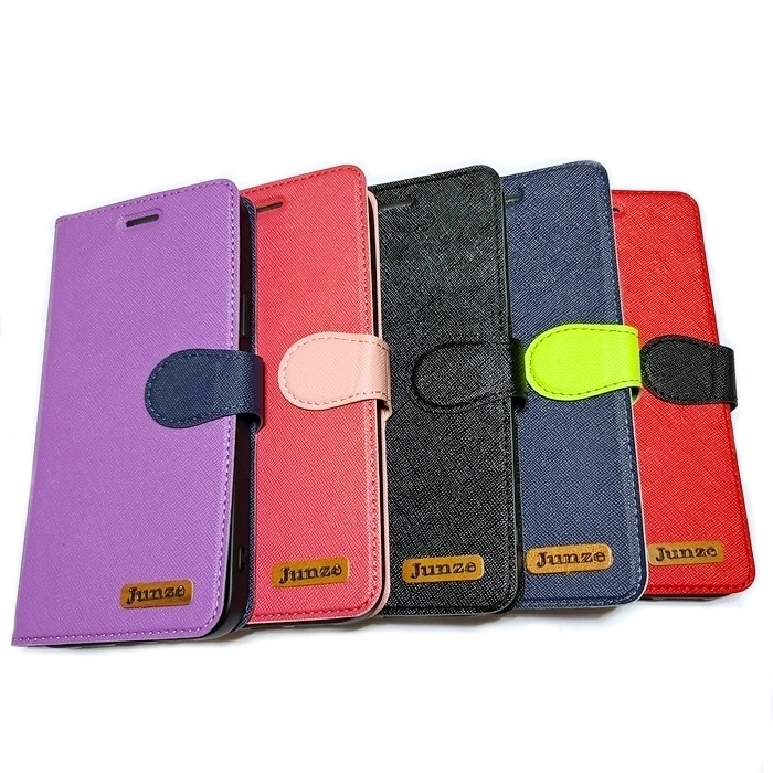 【JUNZE】十字紋雙色側掀可立式皮套書本套側翻套