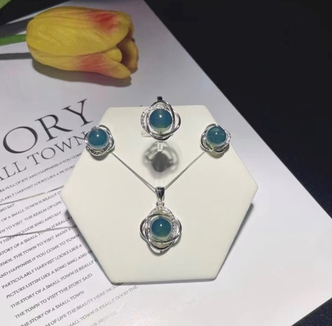 藍綠珀三件套組925銀-8-8-9mm#139