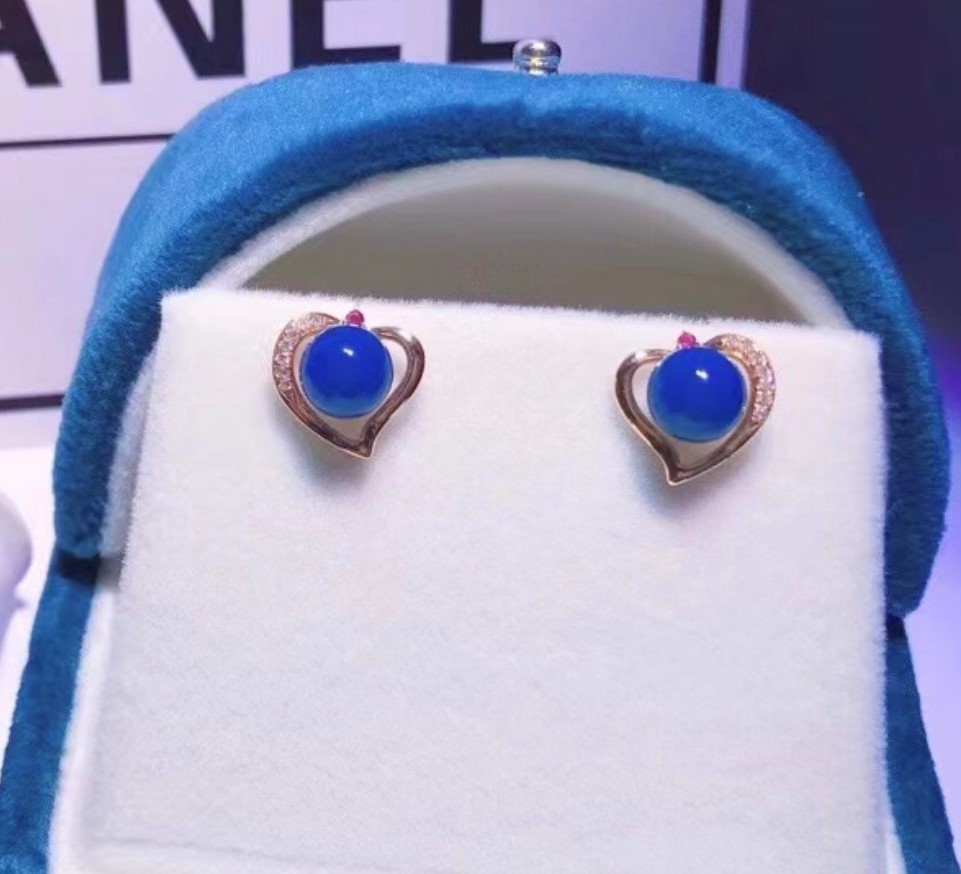 多明尼加天空藍珀18k-耳環-6mm#2000