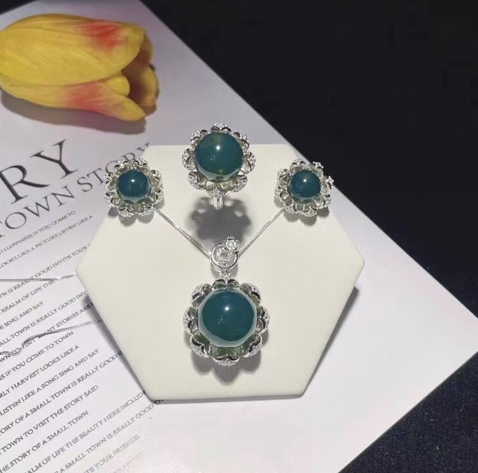 藍綠珀三件套組925銀-9-12-15mm#588-b