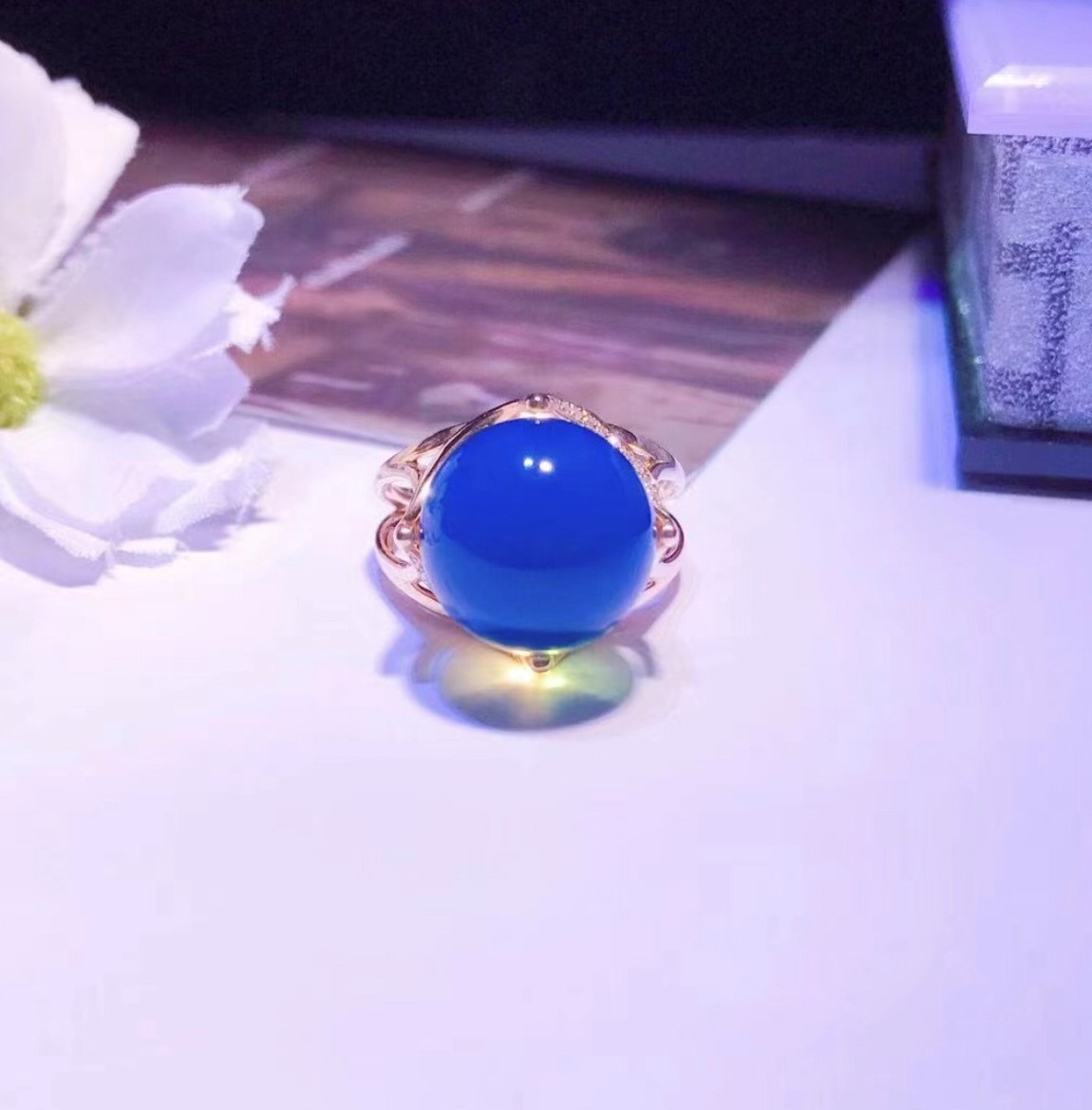 多明尼加天空藍藍珀18k戒指-12mm