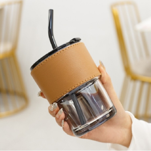 皮革杯套款玻璃杯(含吸管)