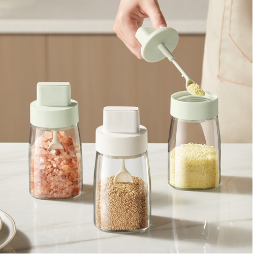 可伸縮蓋勺一體玻璃調味罐