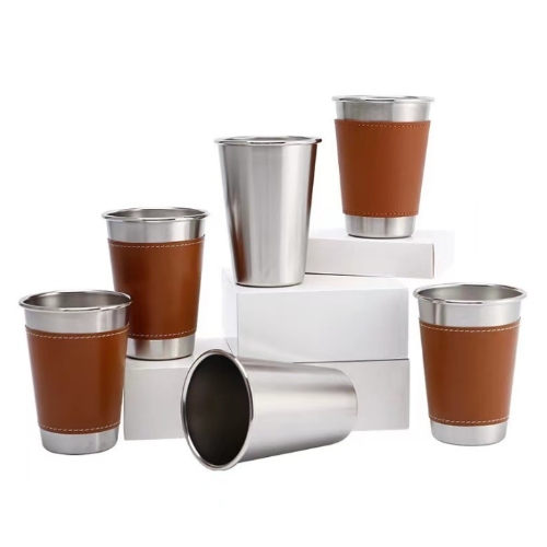 不銹鋼皮革捲邊露營杯