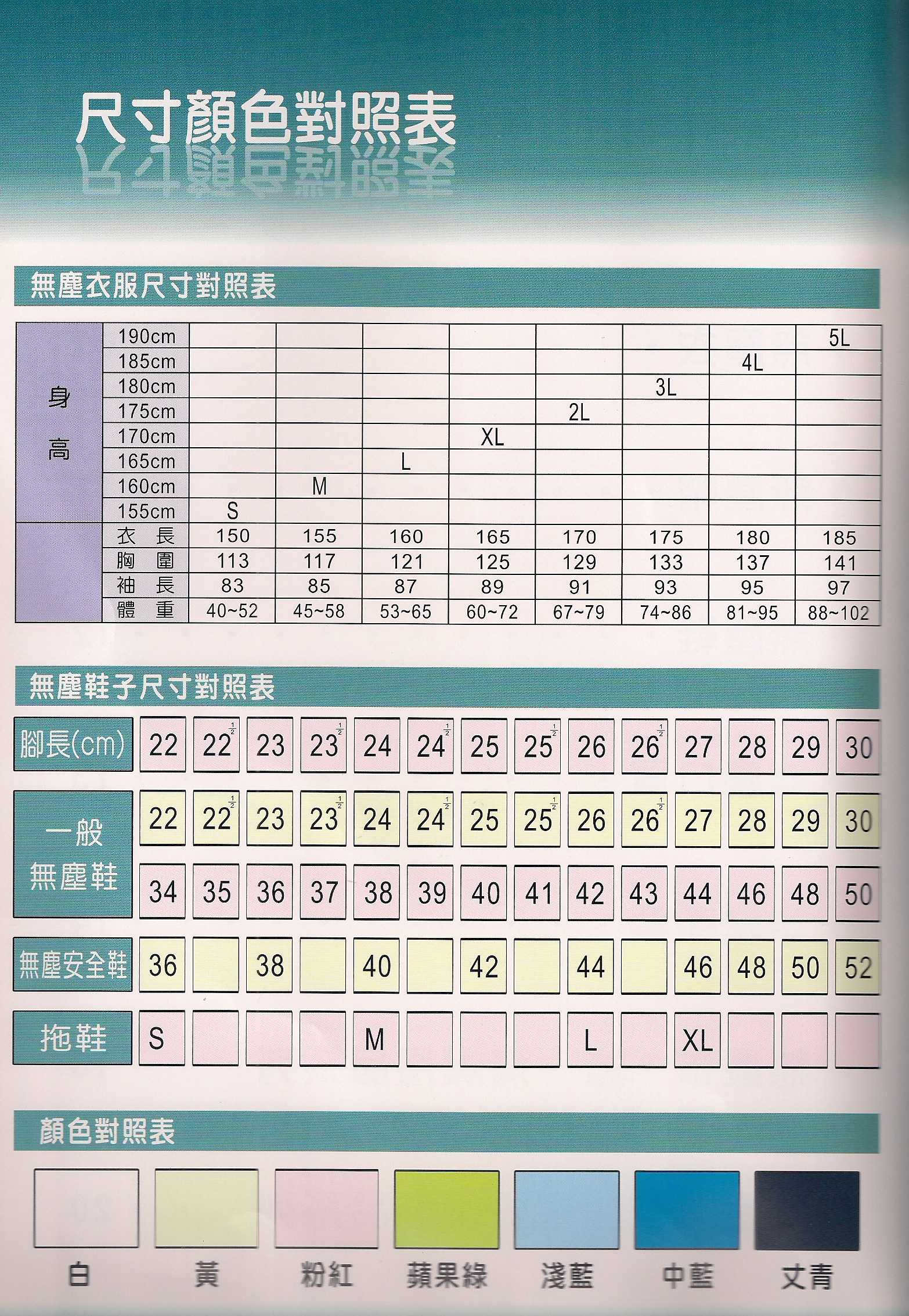 尺寸顏色對照表