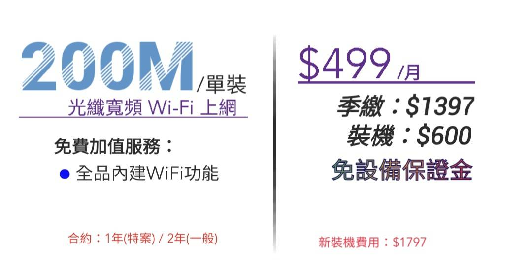200M單裝光纖寬頻網路
