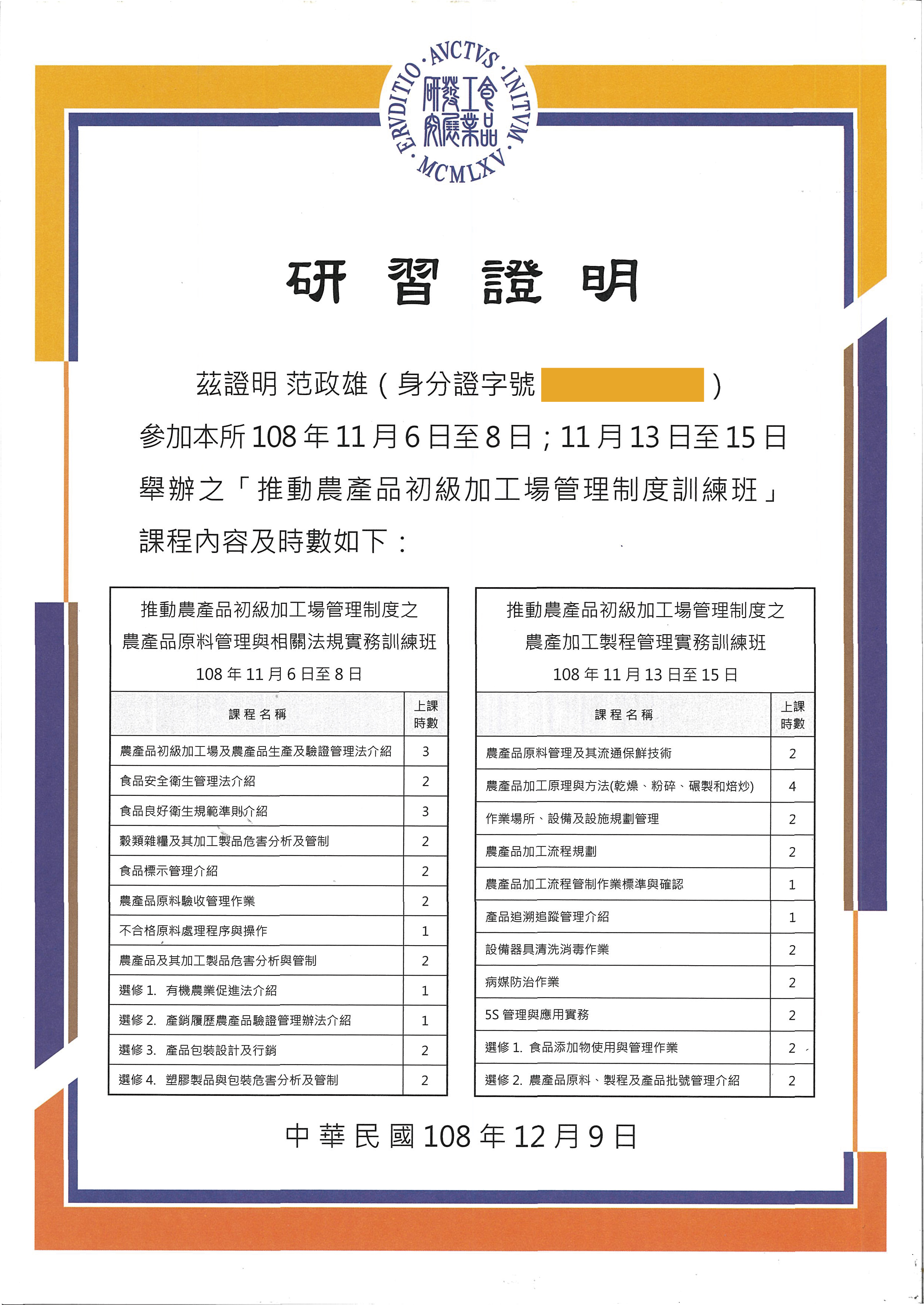 農產初級加工結業認證證書-2